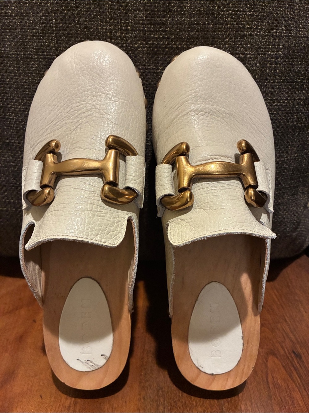 Boden Cream Leather Studded Clog Mule with Gold Buckle - Picture 3 of 7